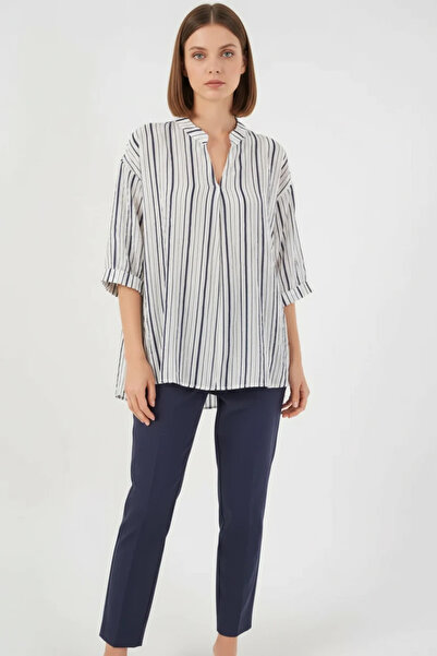 Efnaz style Women's V-Neck Oversize Striped Viscose Navy Blue Blouse