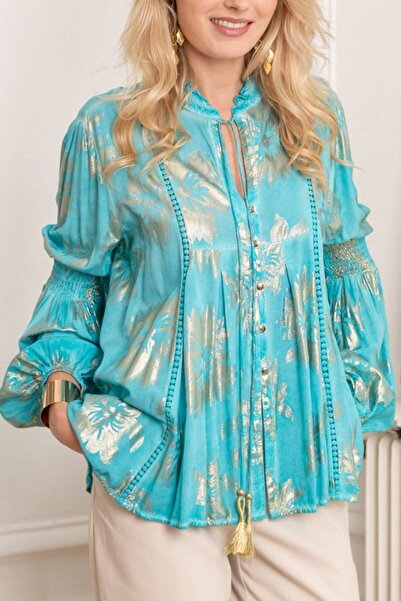 ROHBOUTIQUE Bluză supradimensionată cu imprimeu auriu, Turcoaz, Aimelia BR2853