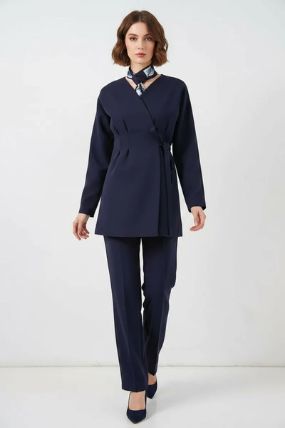 buğrahayalin Women's V-Neck Side Tie Navy Blue Two-Piece Set