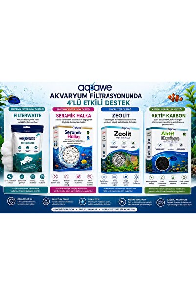 cdk Aquawe Akvaryum Filtrasyon Seti 4’lü Paket Filtre Elyafı Seramik Halka Ze...