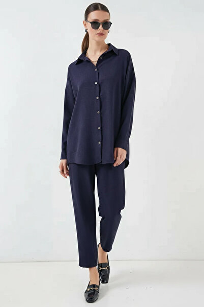 buğrahayalin Women's Shirt Collar Linen Navy Blue Double Suit