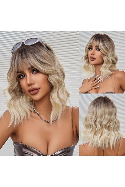 OUFEI Blonde Wigs for Women Short Wavy Wig With Bangs Synthetic Hair Heat Res...