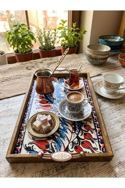 BulutRetail Handmade Kütahya Tile Patterned Wooden Tray 42X27 cm |   Domestic...