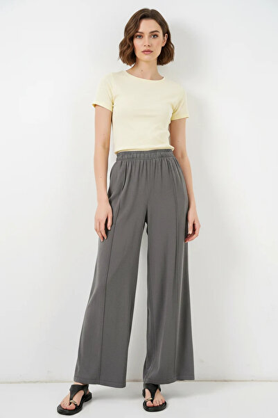 Efnaz style Women's Elastic Waist Wide Leg Anthracite Palazzo Trousers