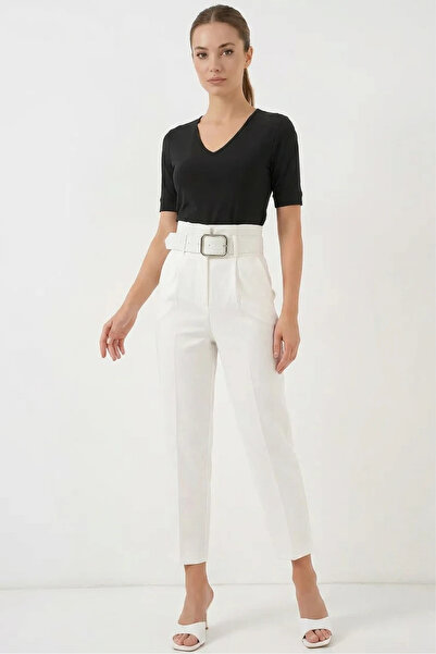 Efnaz style Women's High Waist Belted Ecru Trousers