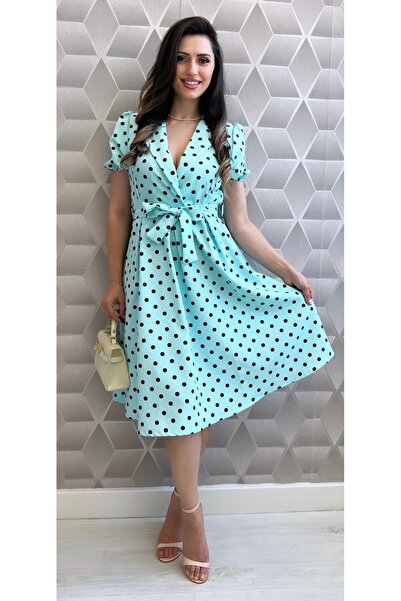 styleFlex Elegant Polka Dot Day Dress with Stretchy Waist and Drawstring