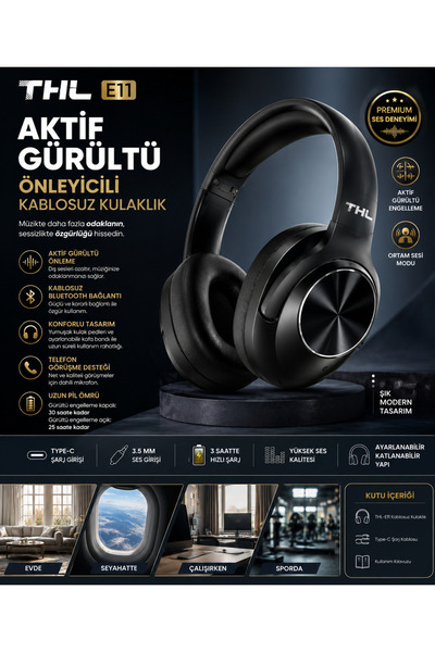 THULL Aktif Gürültü Önleyicili Bluetooth Kablosuz Kulaklık Type-C Şarjlı Kafa...