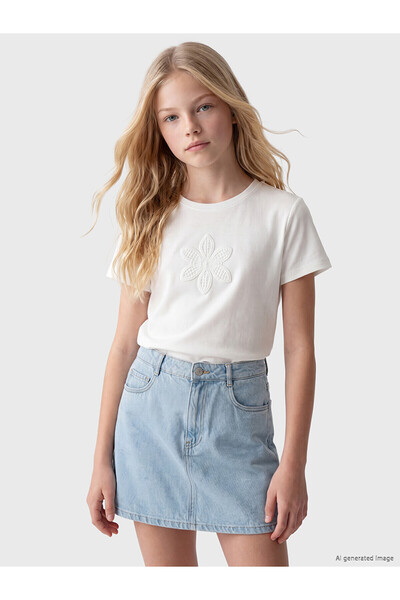LC Waikiki Trendlucky Girl's T-Shirt with Floral Embroidery on Oval Collar wi...