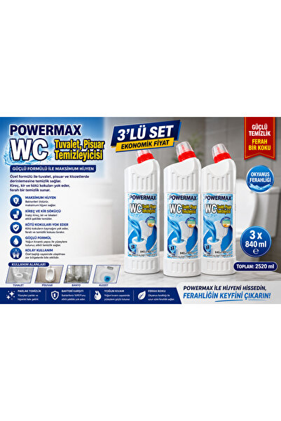powermax WC Tuvalet Temizleyici 840 Ml x 3 Adet Güçlü Kireç ve Kir Temizliği ...