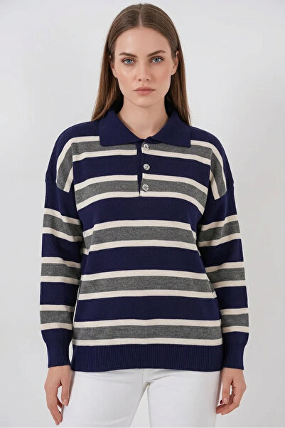 buğrahayalin Women's Polo Collar Striped Knitwear Navy Blue Sweater