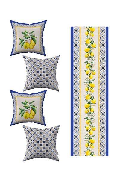 Empressco Mavi sarı dekoratif limon desenli 4'lü kırlent kılıfı ve runner seti