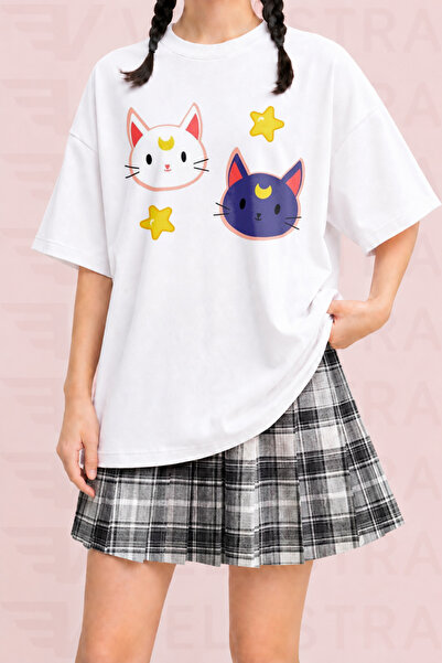 Velostra Women's Cute Black and White Cat Printed Oversize Crew Neck Cotton C...