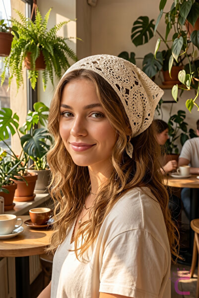 Cinderella Floral Motif Knitted Bohemian Triangle Bandana Ecru - Gift for Sum...