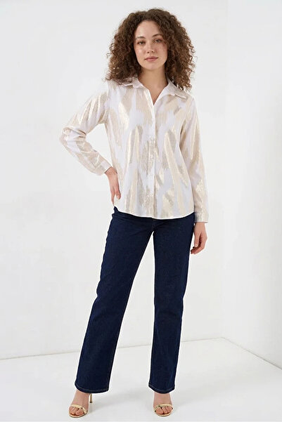 Generic Brand Women's Gold Foil Patterned White Shirt