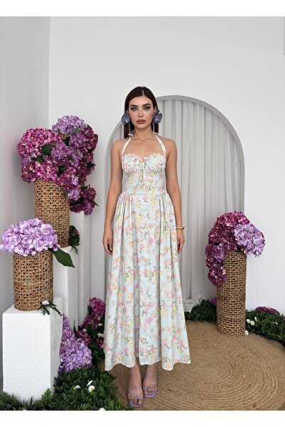 Caddebostan Moda Halter Neck Floral Patterned Midi Dress with Lace Detail