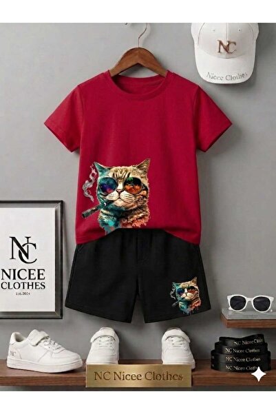 NC Nicee Clothes Summer Children's T-Shirt Shorts Unisex (Cat Print with Glas...