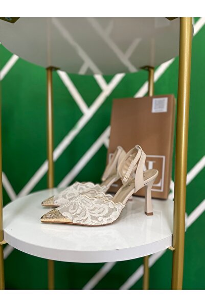 ASAL ayakkabıcılık Lace Embroidered Gold Toe Detail Design High-Heeled Shoes