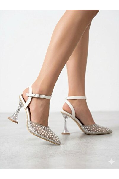 Lütfi Women's White Pearl Detailed Transparent Thin Heeled Shoes