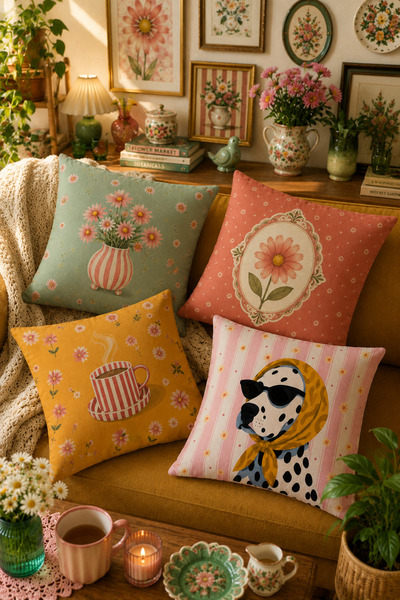SasoHome Boho Vintage Çiçek Desenli Dekoratif Kırlent Kılıfı 4'lü Set Pastel ...