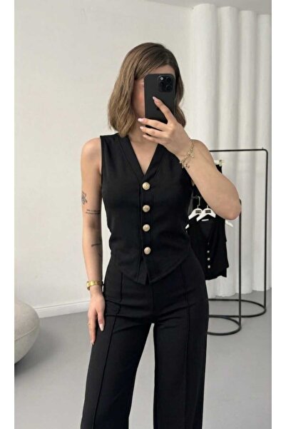 EVOA Set de damă cu vestă cu nasturi aurii și pantaloni largi