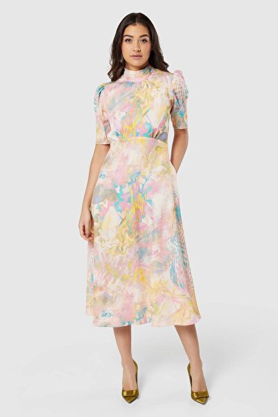 ROHBOUTIQUE Rochie midi Closet London cu imprimeu roz multiplu, guler înalt ș...