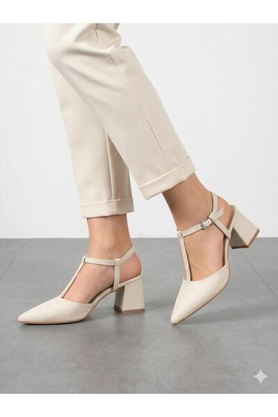 Lütfi Women's Beige Thick Heeled Pointed Toe Heeled Shoes