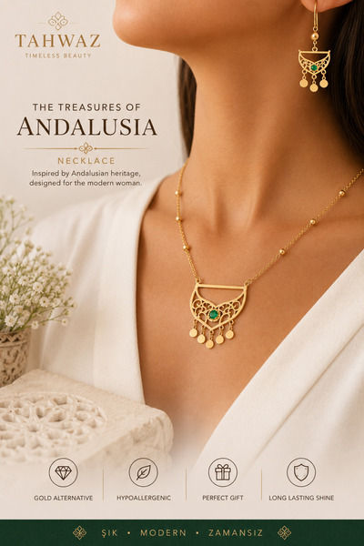 Tahwaz Andalusia Treasure Gold-Plated Necklace & Earring Set with Green Stone...
