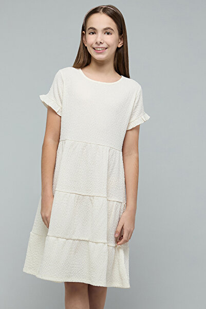 R&B Textured Tiered Dress with Square Neck and Short Sleeves