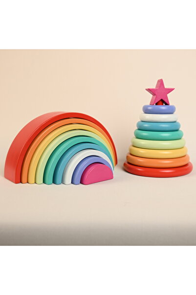 Zyt Tasarım Educational Wooden Toy Montessori Ring Tower Rainbow Set 9 Colors