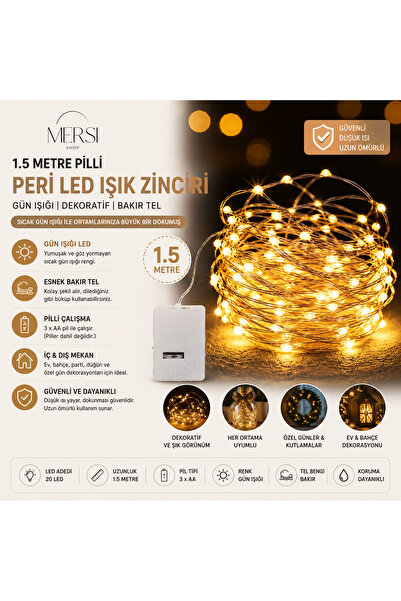 Mersi SHOP 1.5 Metre Pilli Peri LED Gün Işığı Dekoratif Bakır Tel Işık Zinciri