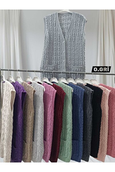 HACERLİ Gray and Collared Buttoned Knitwear Soft Textured Gift Dowry Vest wit...