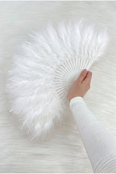 ZEYMERADE Large Size White Feathered Bridal Fan, Wedding Henna Bridesmaid Bri...