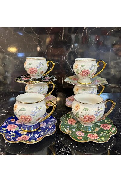 pırıltı home Porcelain Colored Coffee Cup Set for 6 People