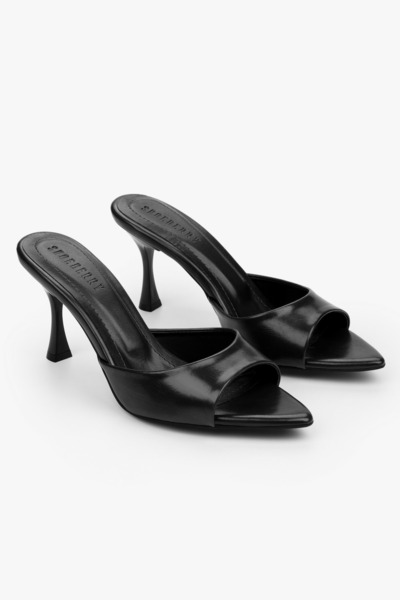 Shoeberry Γυναικείες παντόφλες Krista με τακούνι σε μαύρο δερμάτινο χρώμα