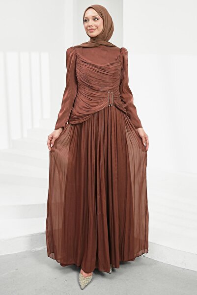 İmajButik Brown Front Gathered Pleated Evening Dress