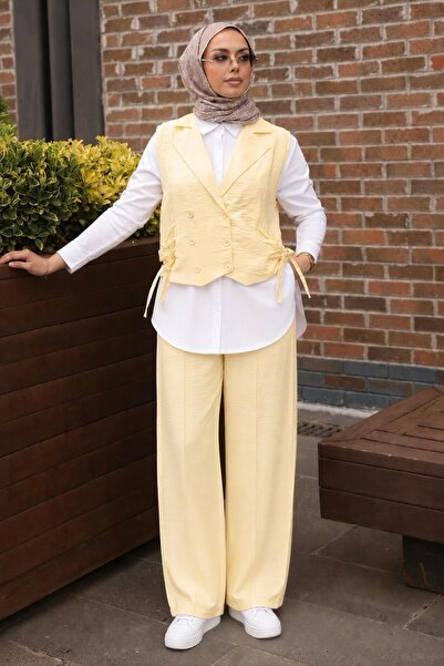 İmajButik Sarı Düğmeli Yelek Pantolonlu Takım