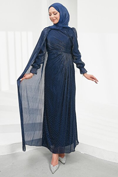İmajButik Navy Blue Cape Detailed Draped Stone Embellished Evening Dress