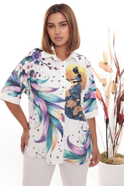 JERFİ Women's Plus Size Stone Printed Fabric Shirt