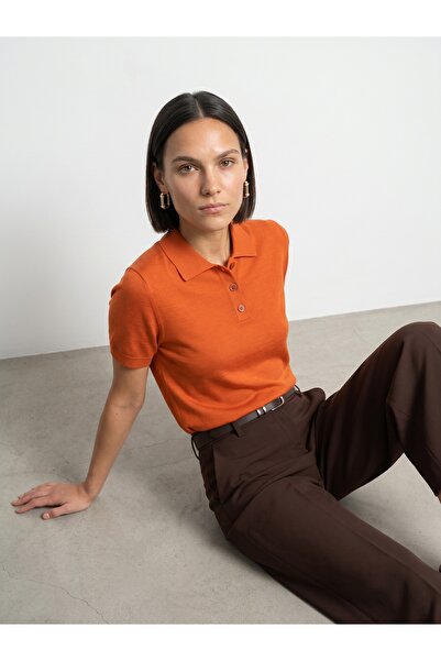 Dilvin 10871 Lyocell Karışımlı Polo Yaka Bluz-Oranj