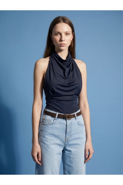 Dilvin 21247 Lyocell Blended Degaje Collar Top-K.Navy Blue