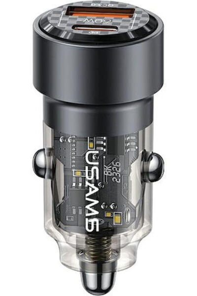Usams Φορτιστής Αυτοκινήτου 60W 2.22A με Θύρες: 1xUSB 1xType-C Μαύρο Χρώμα