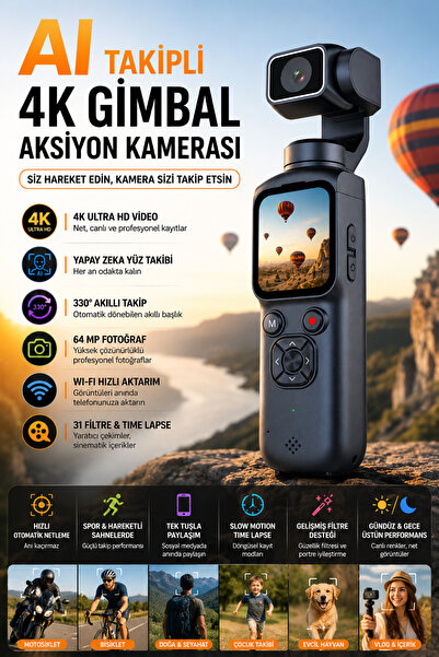 GoMarkt 1080P 60 FPS 4K Aksiyon Kamerası | Yüz Tanıma ve Takip | 330 Derece G...