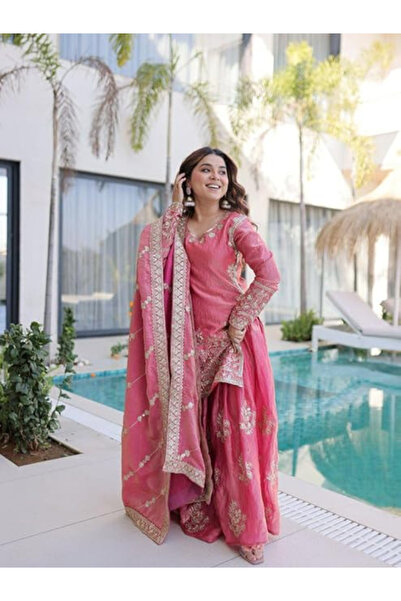 MYSMAR Pink Fendi Crush Embroidered Sharara Suit - HRT7531 | Pink-Size:M-38-I...