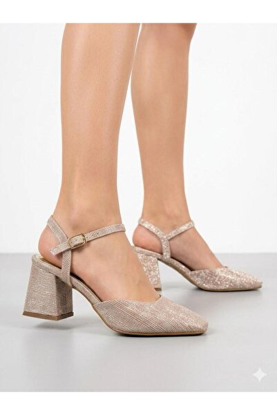 Lütfi Women's Gold Glitter Single Strap Square Toe Thick Heeled Shoes
