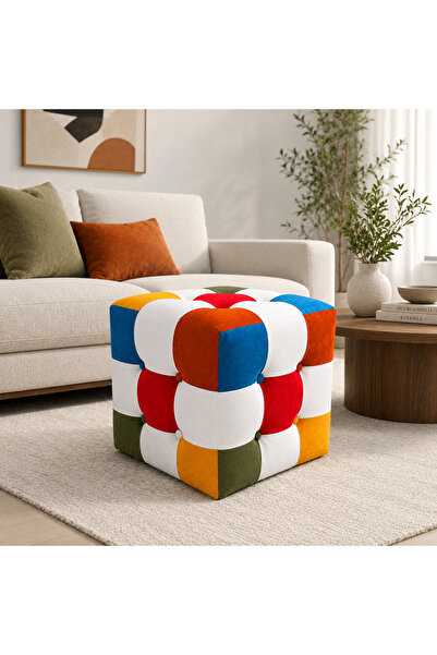 Deby Modern Patchwork Renkli Puf - Dekoratif Oturma Taburesi El Yapımı Şık Ta...