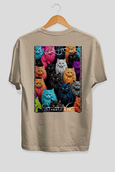 Ankhises For the Love of Cats 34 Cats Printed Beige Oversize T-Shirt 100% Cot...