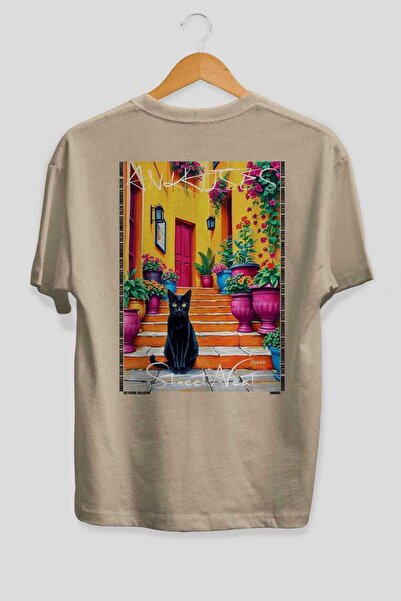 Ankhises For the Love of Cats 55 Cats Printed Beige Oversize T-Shirt 100% Cot...