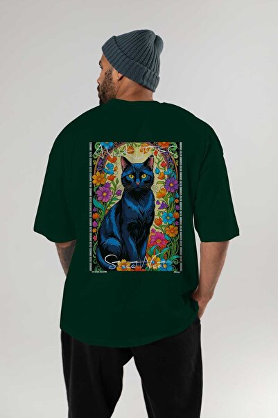 Ankhises For the Love of Cats 8 Cats Printed Green Oversize T-Shirt 100% Cott...