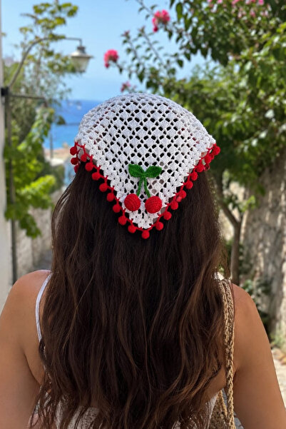 Seyn Accessory Kadın Kirazlı Örgü Bandana Ponponlu Tığ İşi Yazlık Saç Bandı E...