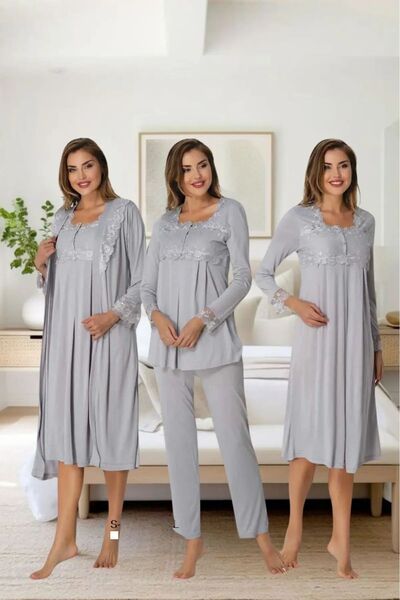 venera Elegant Lace 4-Piece Maternity Pajamas Nightgown Dressing Gown Shootin...